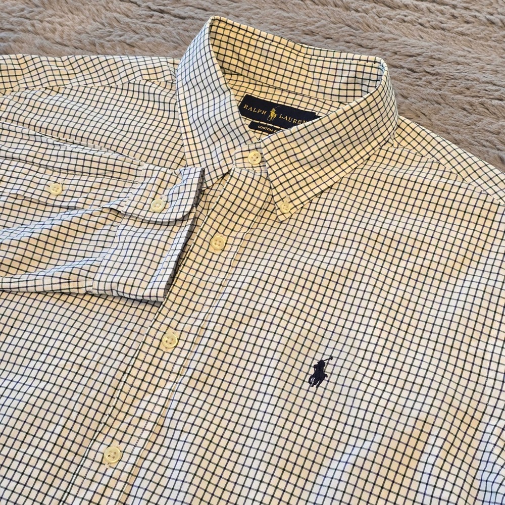 Ralph Lauren Mens XL Custom Fit Tattersall Check Button Down Shirt Navy Green‎